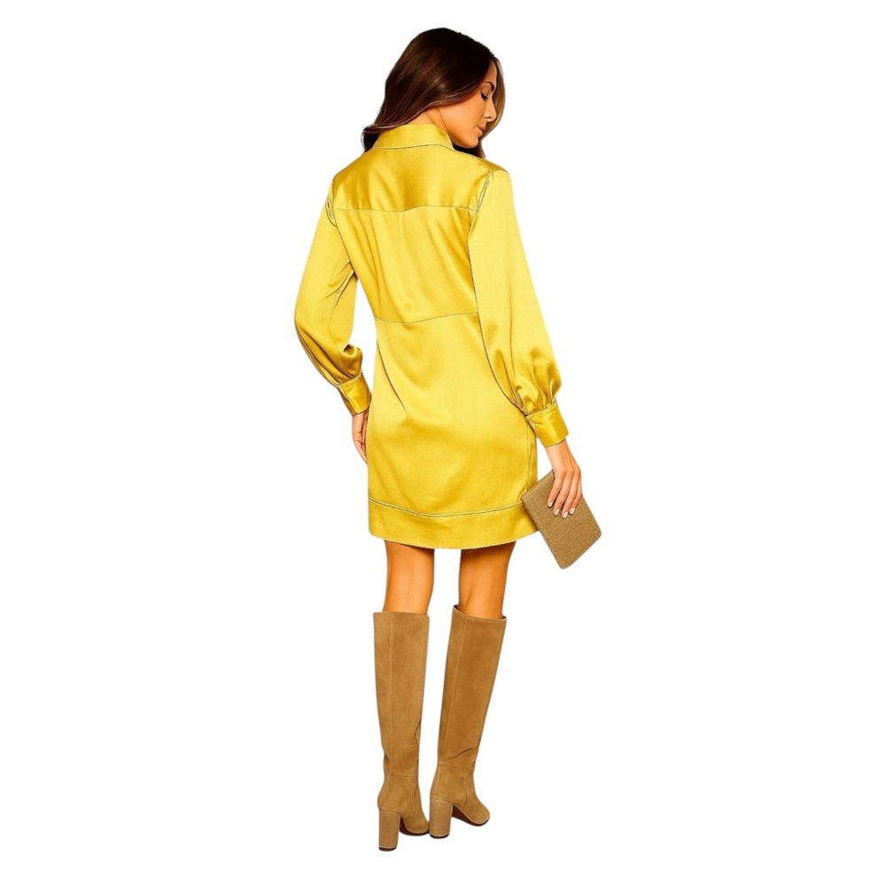 Gold Satin Button-Up Shirt Dress – Long Sleeve Mini Silky Shift – Sizes S M L - Picture 2 of 7